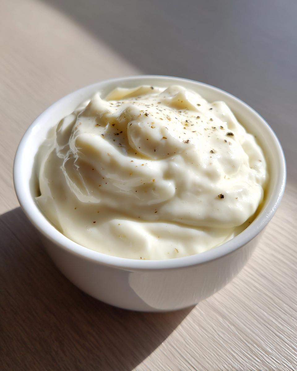 A close-up of thick, creamy alfredo sauce topped with cracked black pepper in a white bowl.