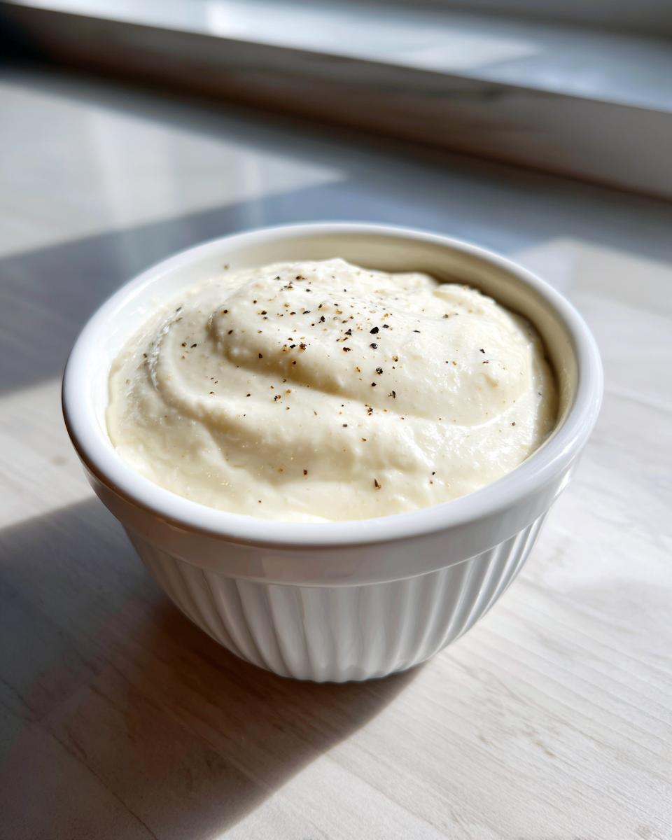 A small white ramekin filled with thick, creamy alfredo sauce, topped with cracked black pepper.