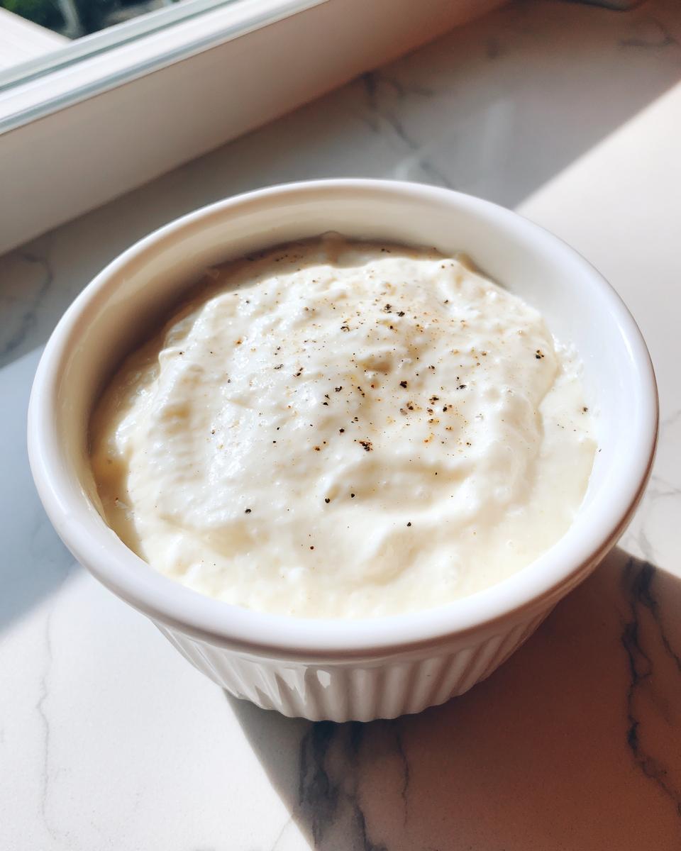 A small white ramekin filled with thick, creamy alfredo sauce, lightly seasoned with cracked black pepper.