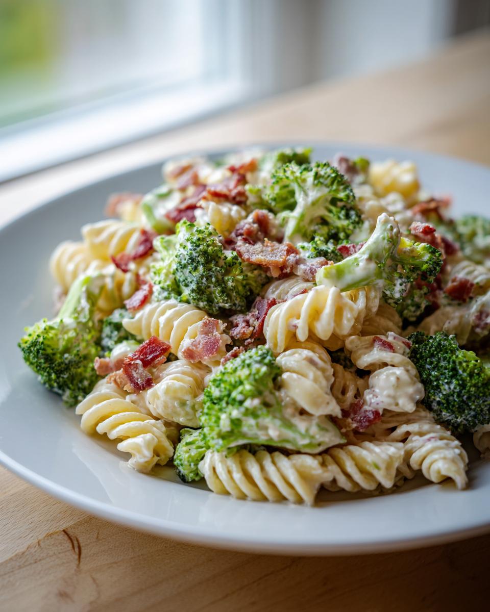 A close-up of creamy Broccoli Pasta Salad featuring fusilli pasta, bright green broccoli florets, and crumbled bacon.
