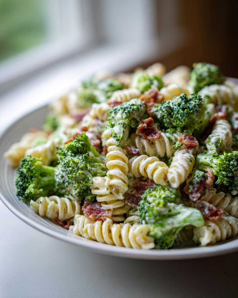 Close-up of creamy Broccoli Pasta Salad featuring rotini pasta, bright green broccoli florets, and crispy bacon pieces.