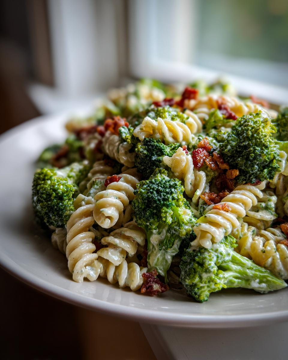 Close-up of creamy Broccoli Pasta Salad featuring rotini pasta, bright green broccoli florets, and crumbled bacon.