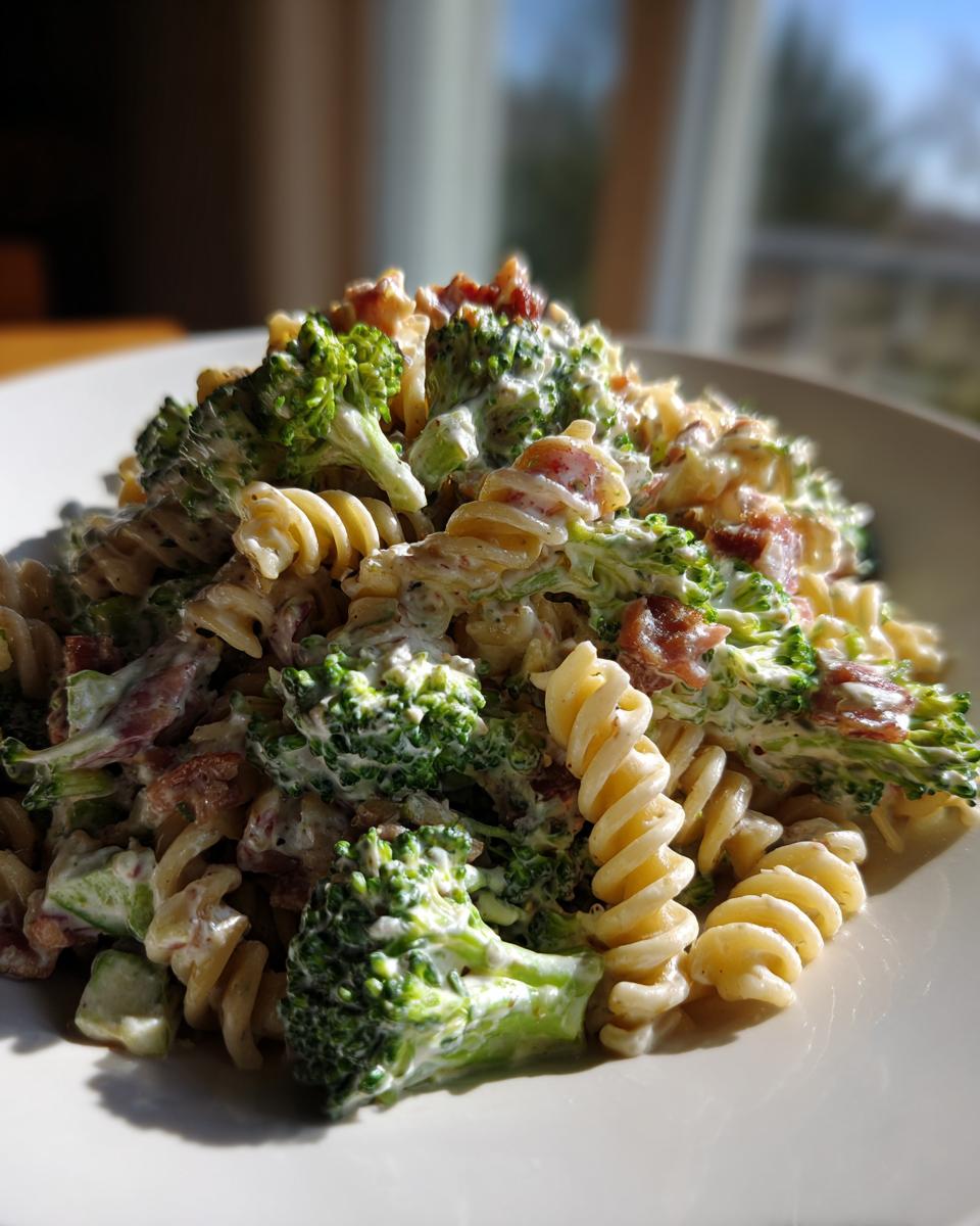 Close-up of creamy Broccoli Pasta Salad featuring rotini pasta, bright green broccoli florets, and bacon pieces.