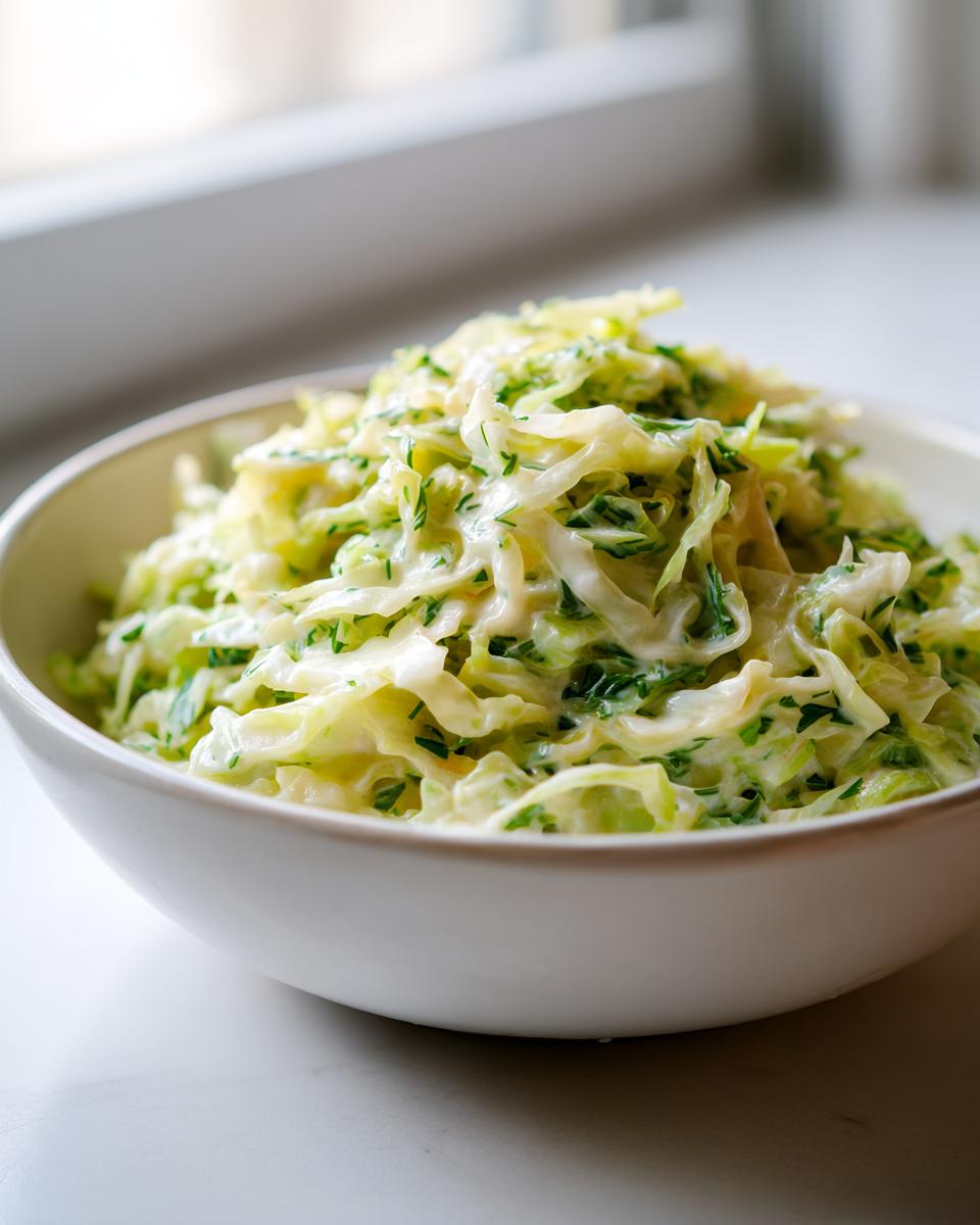 A close-up of shredded cabbage coated in a creamy sauce, representing Cabbage Alfredo, served in a white bowl.