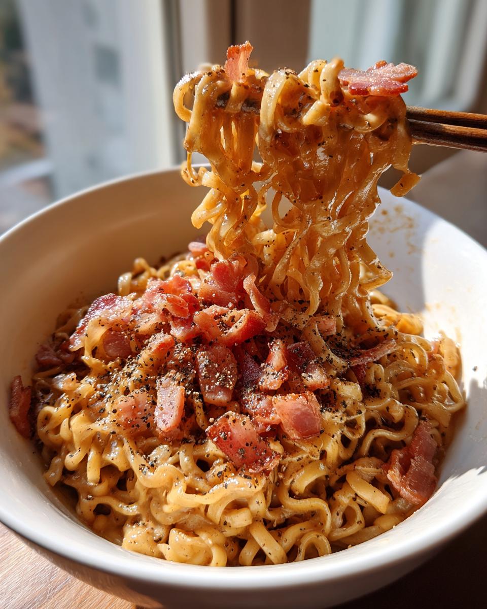 Close-up of creamy Carbonara Buldak Ramen being lifted from a white bowl with chopsticks, topped with bacon bits and black pepper.