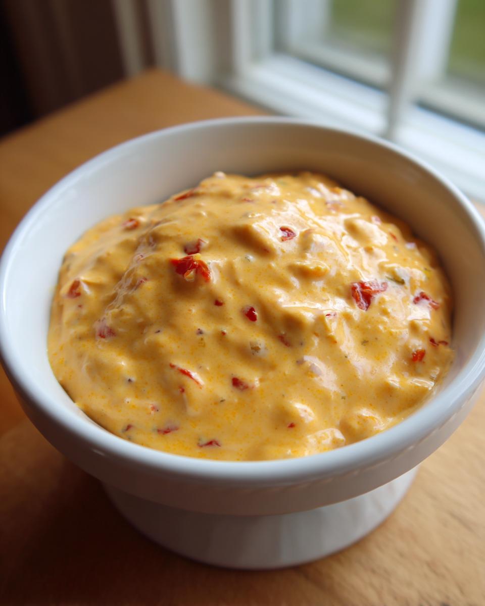 A close-up of thick, creamy orange cheese dip mixed with small red pepper pieces, served in a white pedestal bowl.