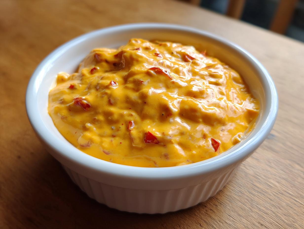 A close-up of a creamy, bright orange cheese dip with visible red pepper pieces served in a small white ramekin.