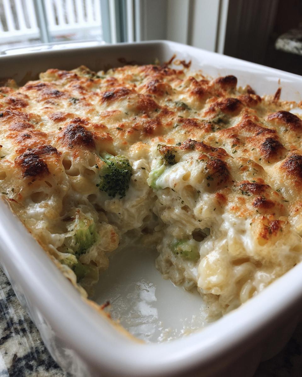 Close-up of a creamy chicken alfredo pasta bake with a golden, bubbly cheese crust and visible broccoli florets.