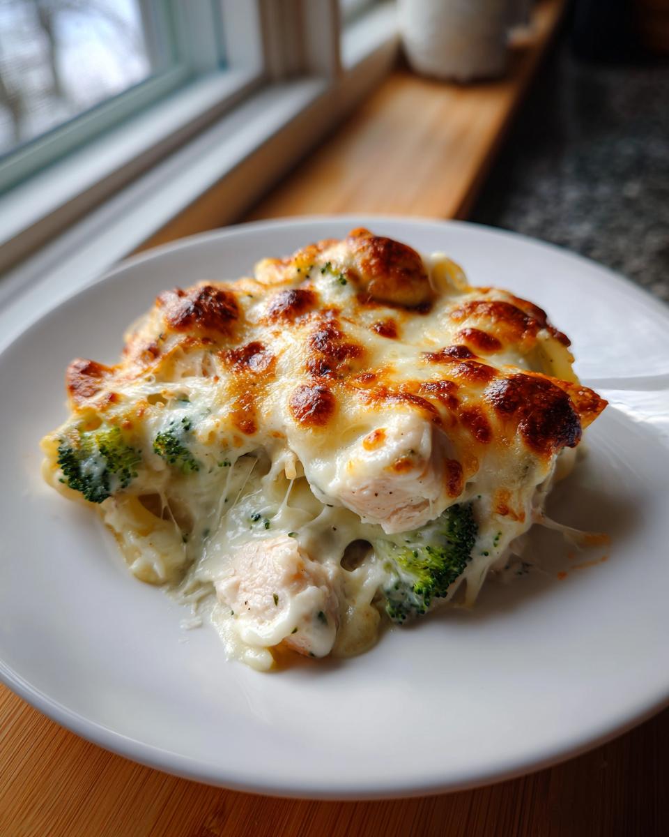 A close-up serving of creamy chicken alfredo pasta bake, topped with bubbly, browned cheese and mixed with pieces of chicken and bright green broccoli.