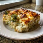 A generous serving of creamy chicken alfredo pasta bake topped with bubbly, browned cheese and visible broccoli florets.