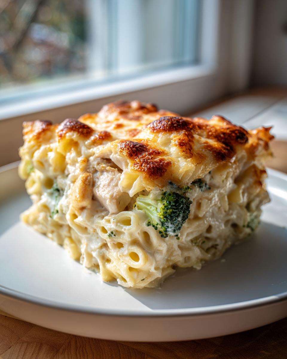 A square serving of creamy chicken alfredo pasta bake with a golden-brown, cheesy top, showing pasta, chicken, and broccoli florets.