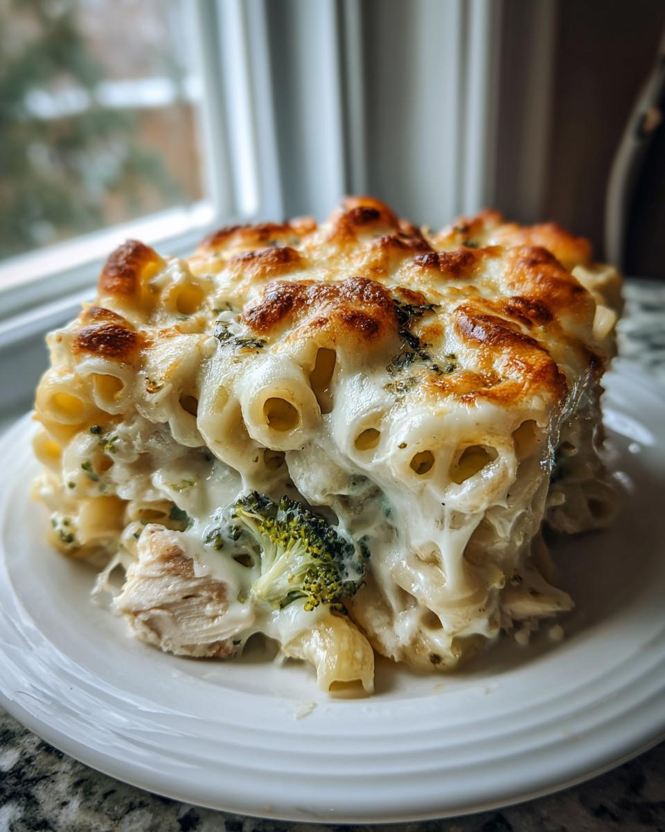 A generous serving of creamy chicken alfredo pasta bake, featuring baked, bubbly cheese and visible pieces of chicken and broccoli florets.