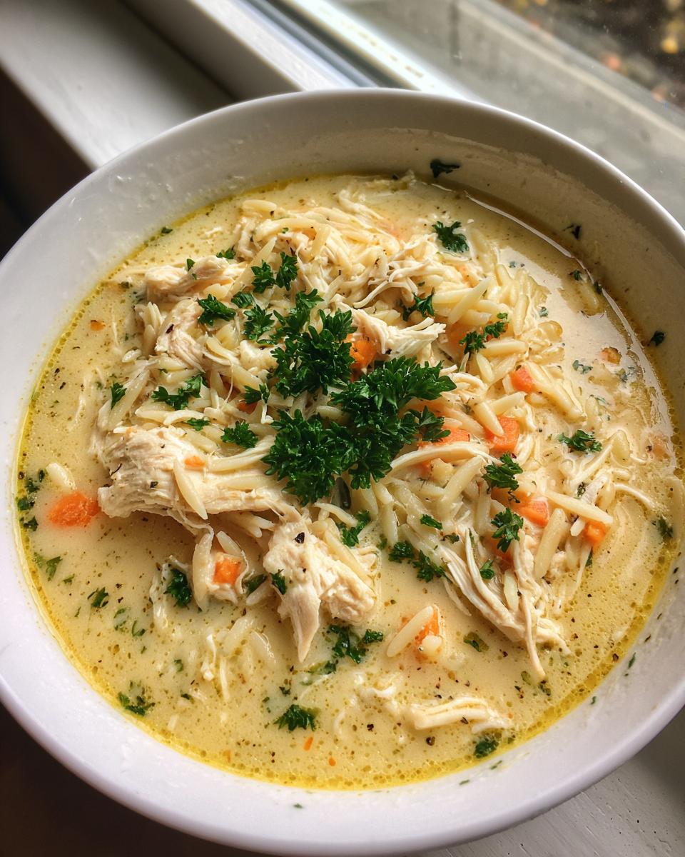 A close-up of creamy chicken orzo soup, featuring shredded chicken, orzo pasta, carrots, and fresh parsley garnish.