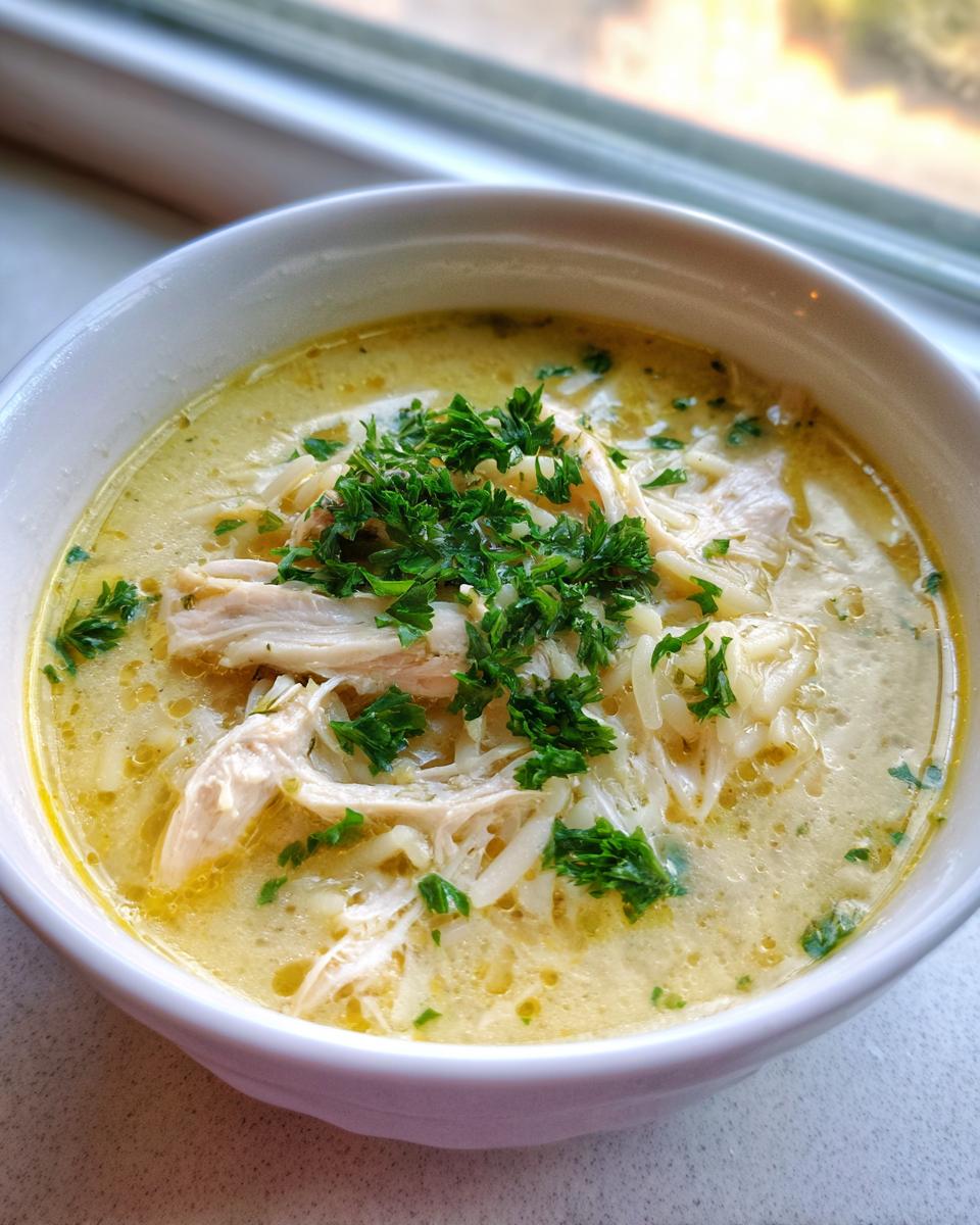 A close-up of a bowl of creamy chicken orzo soup, featuring shredded chicken and topped with bright green fresh parsley.
