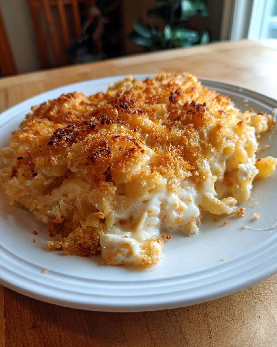 A serving of creamy chicken pasta casserole with a golden, crispy breadcrumb topping on a white plate.