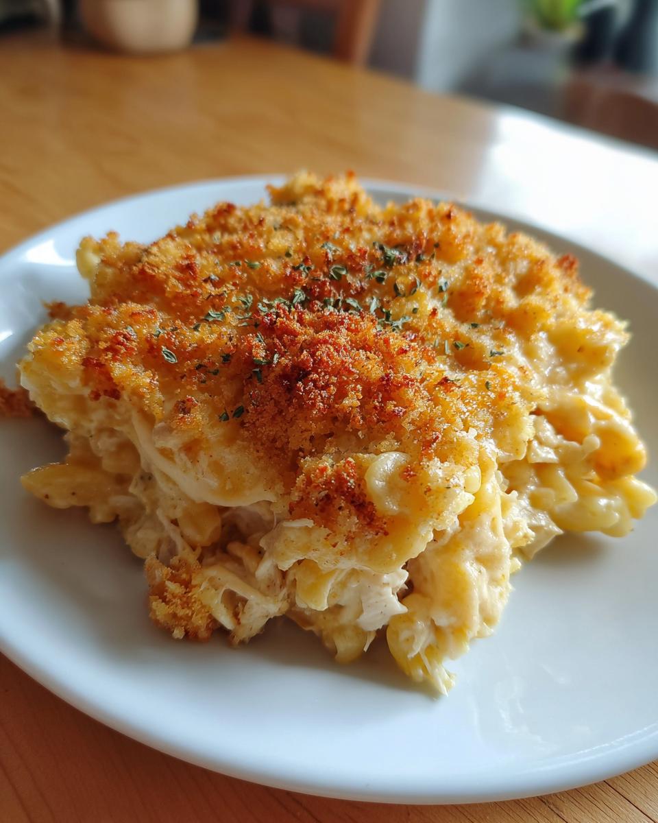 A close-up serving of creamy chicken pasta casserole recipe topped with golden-brown breadcrumbs and herbs.