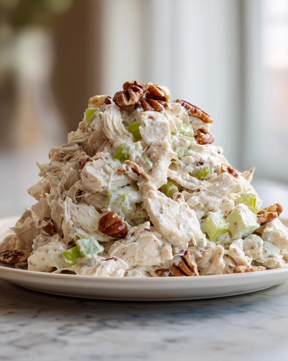 A generous mound of creamy chicken salad recipe mixed with celery and topped with whole pecans on a white plate.