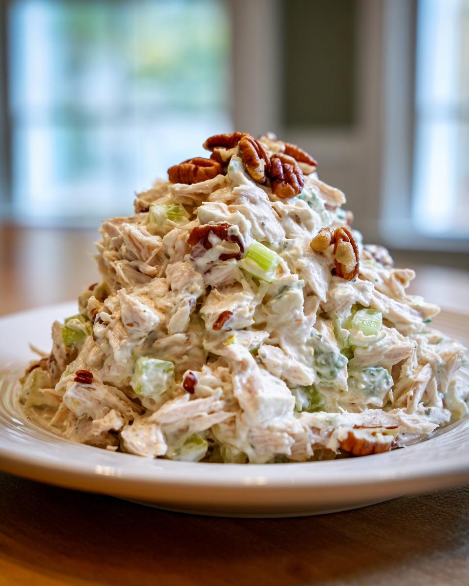 A generous mound of creamy chicken salad recipe mixed with celery and topped with whole pecans, served on a white plate.