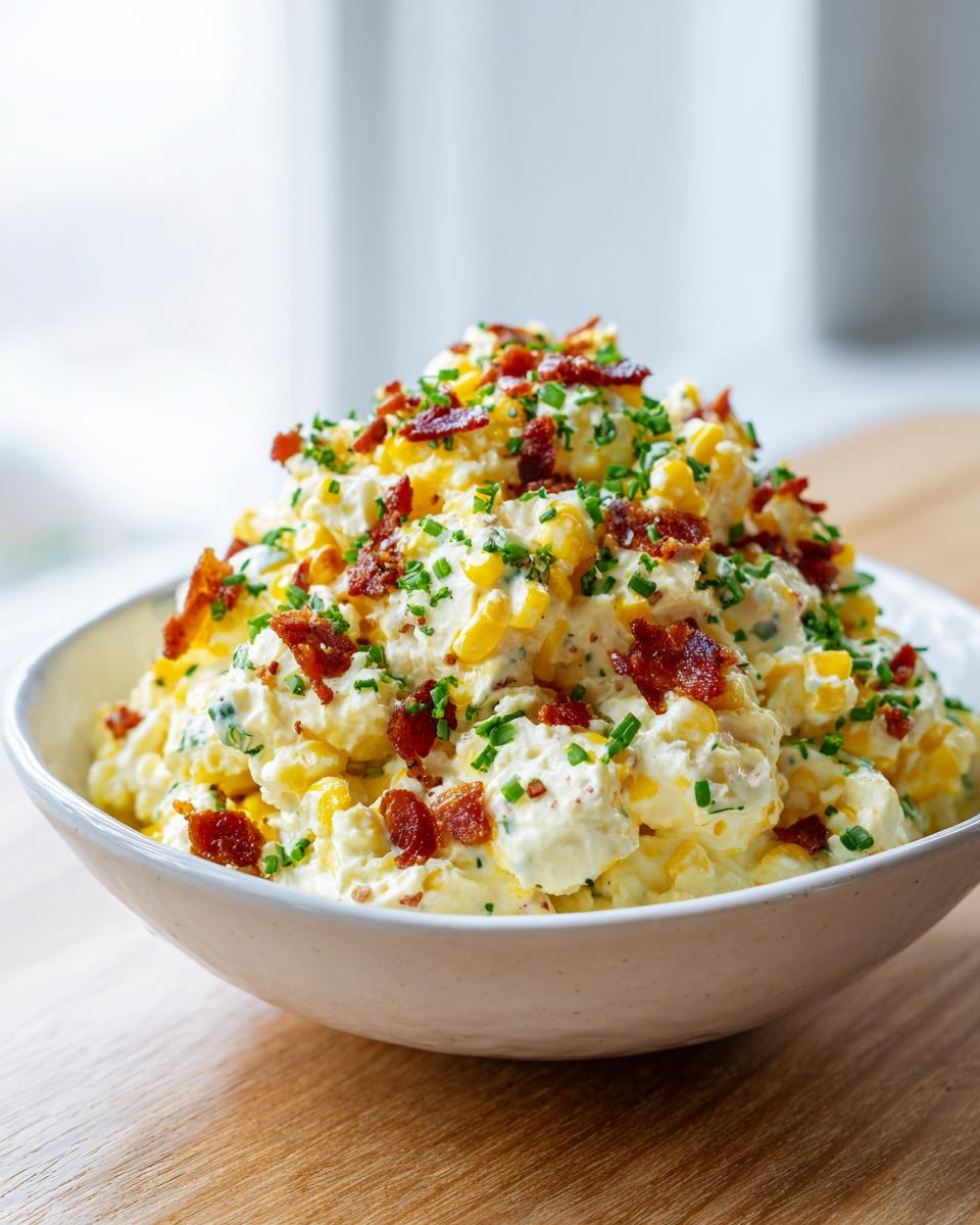A large bowl overflowing with creamy crack corn salad, generously topped with crispy bacon bits and fresh green chives.