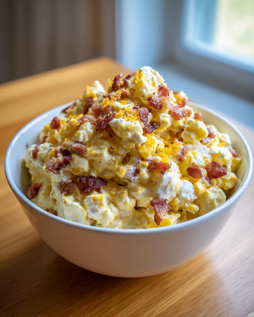 A large white bowl filled with creamy, yellow crack corn salad topped generously with bacon bits and crumbled cheese.