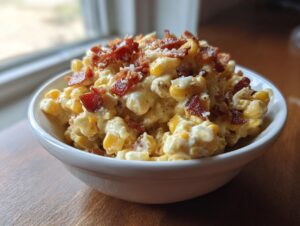 A close-up of a white bowl filled with creamy crack corn salad, generously topped with crumbled bacon pieces.