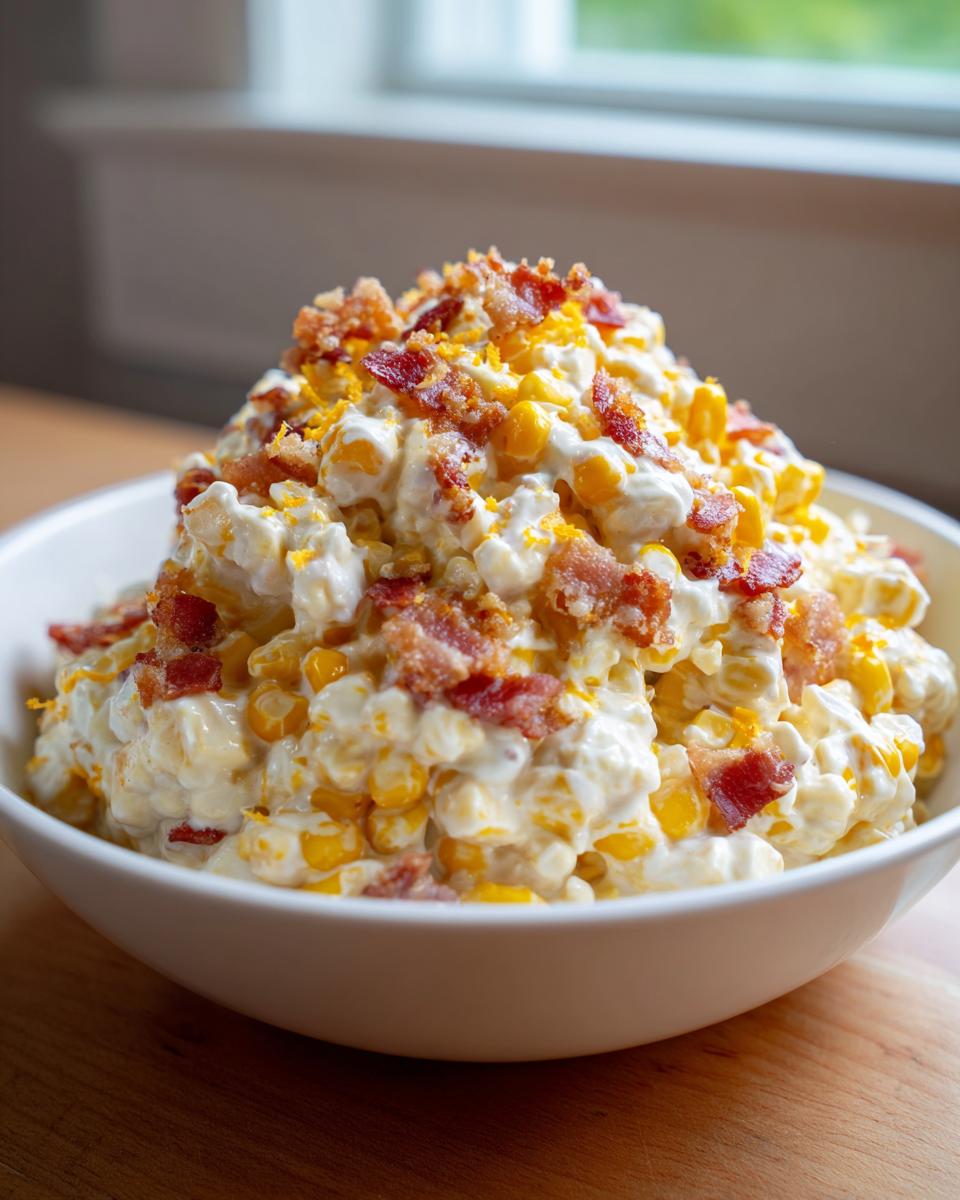 A large white bowl filled high with creamy crack corn salad, heavily garnished with crumbled bacon pieces.