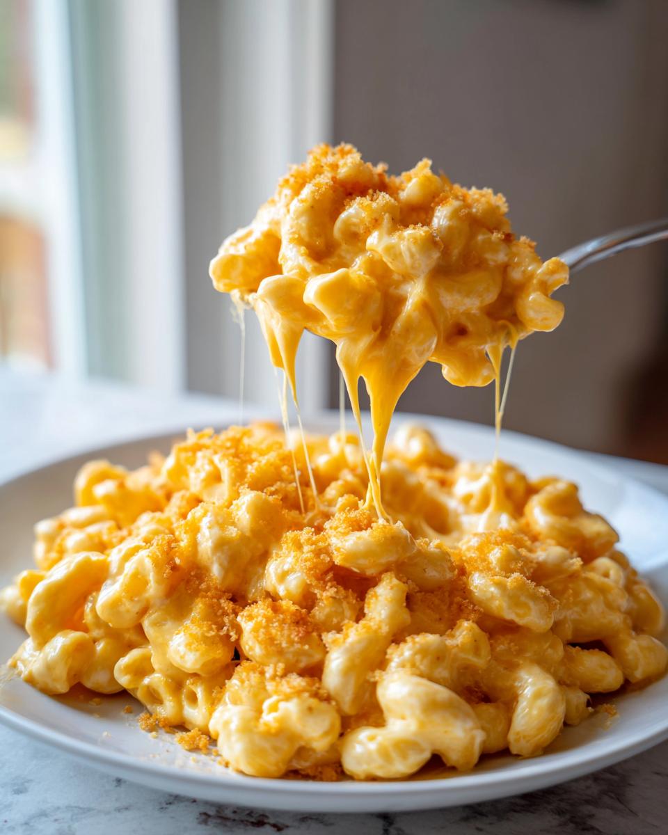 A spoonful of creamy Crockpot Mac and Cheese shows amazing cheese pull over a plate of the dish topped with breadcrumbs.