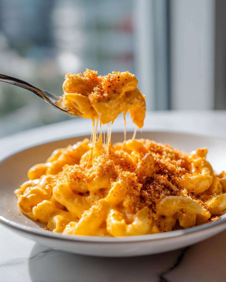 A fork lifting creamy Crockpot Mac and Cheese with visible cheese pulls and a crunchy breadcrumb topping.