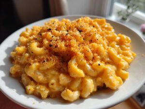 A close-up of creamy, cheesy Crockpot Mac and Cheese topped with golden breadcrumbs and black pepper.