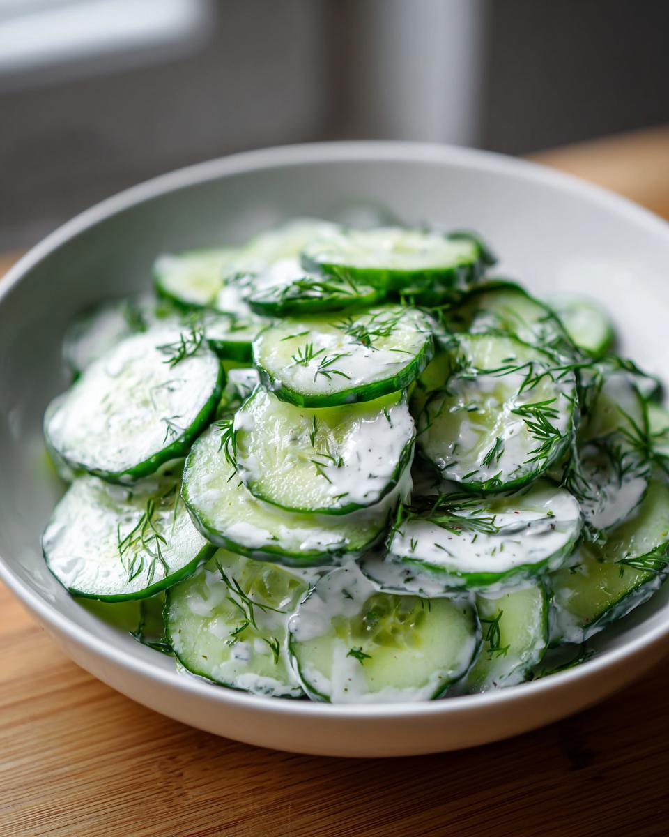 Close-up of a creamy cucumber salad tossed with fresh dill, ready to serve in a white bowl.