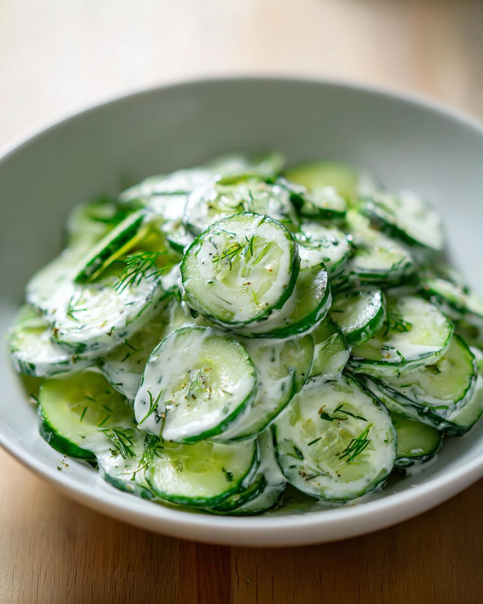Close-up of a creamy cucumber salad tossed with fresh dill in a white bowl.