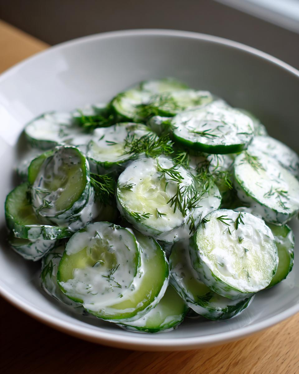 Close-up of fresh cucumber salad tossed in creamy dill dressing, served in a white bowl.