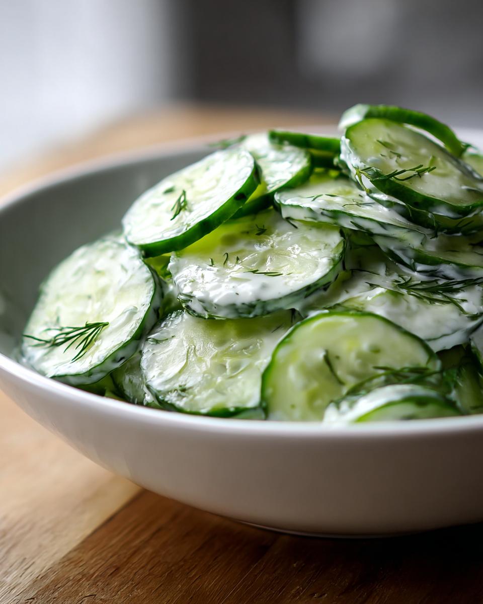 Close-up of creamy cucumber salad with dill dressing served in a white bowl.
