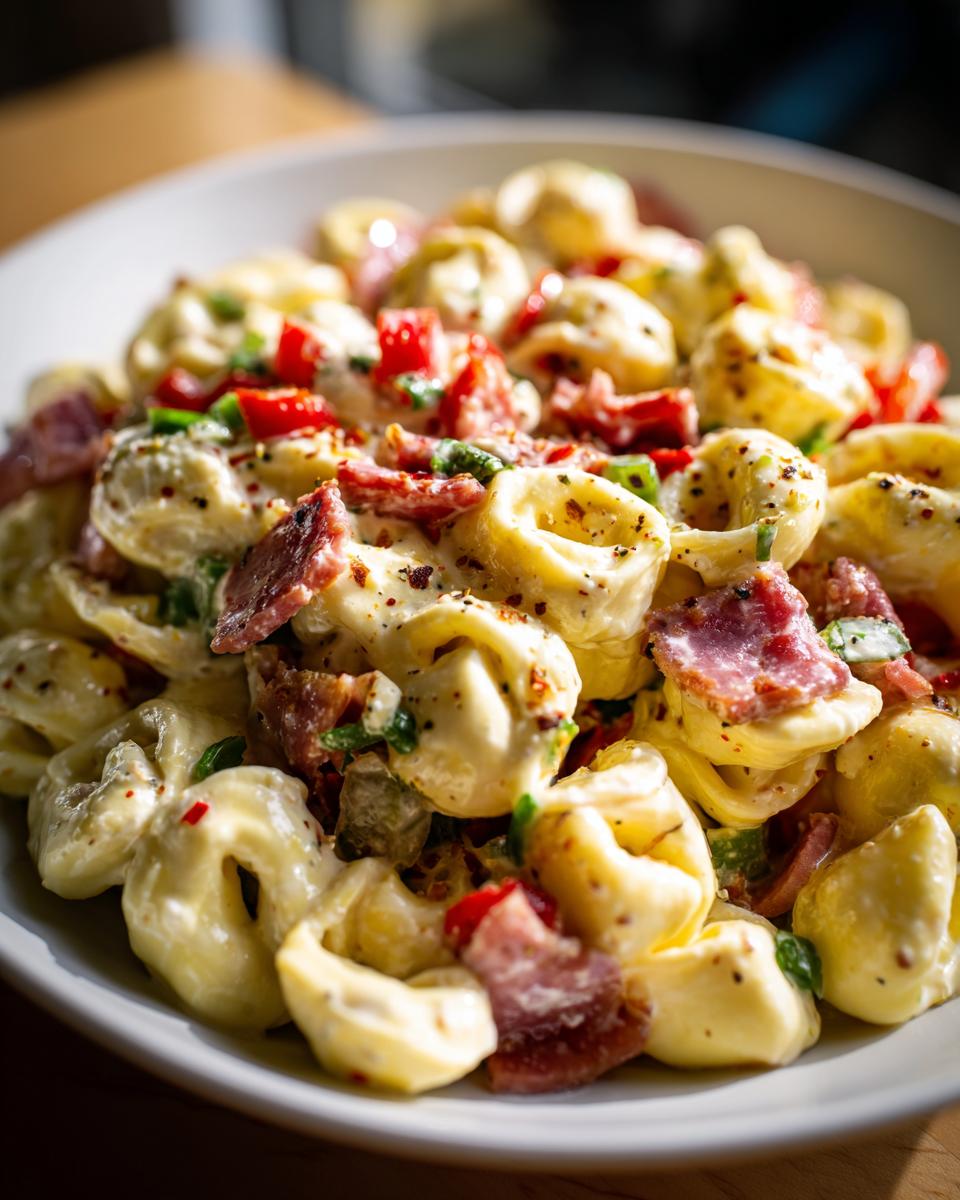 Close-up of a creamy Grinder Tortellini Salad featuring tortellini pasta, salami, peppers, and spices in a white bowl.