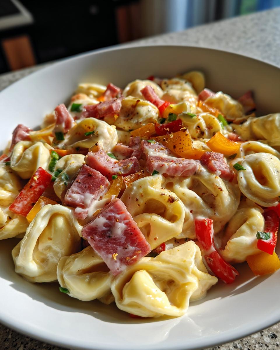 Close-up of a creamy Grinder Tortellini Salad featuring cheese tortellini, cubed deli meats, and bell peppers in a white bowl.