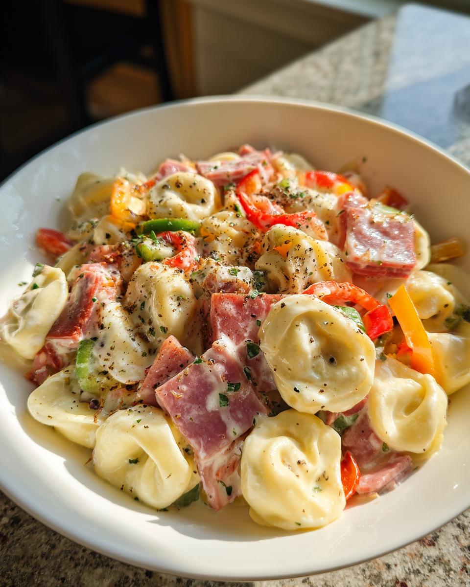 A close-up of a creamy Grinder Tortellini Salad featuring cheese tortellini, chunks of salami, and bell peppers, topped with herbs and pepper.