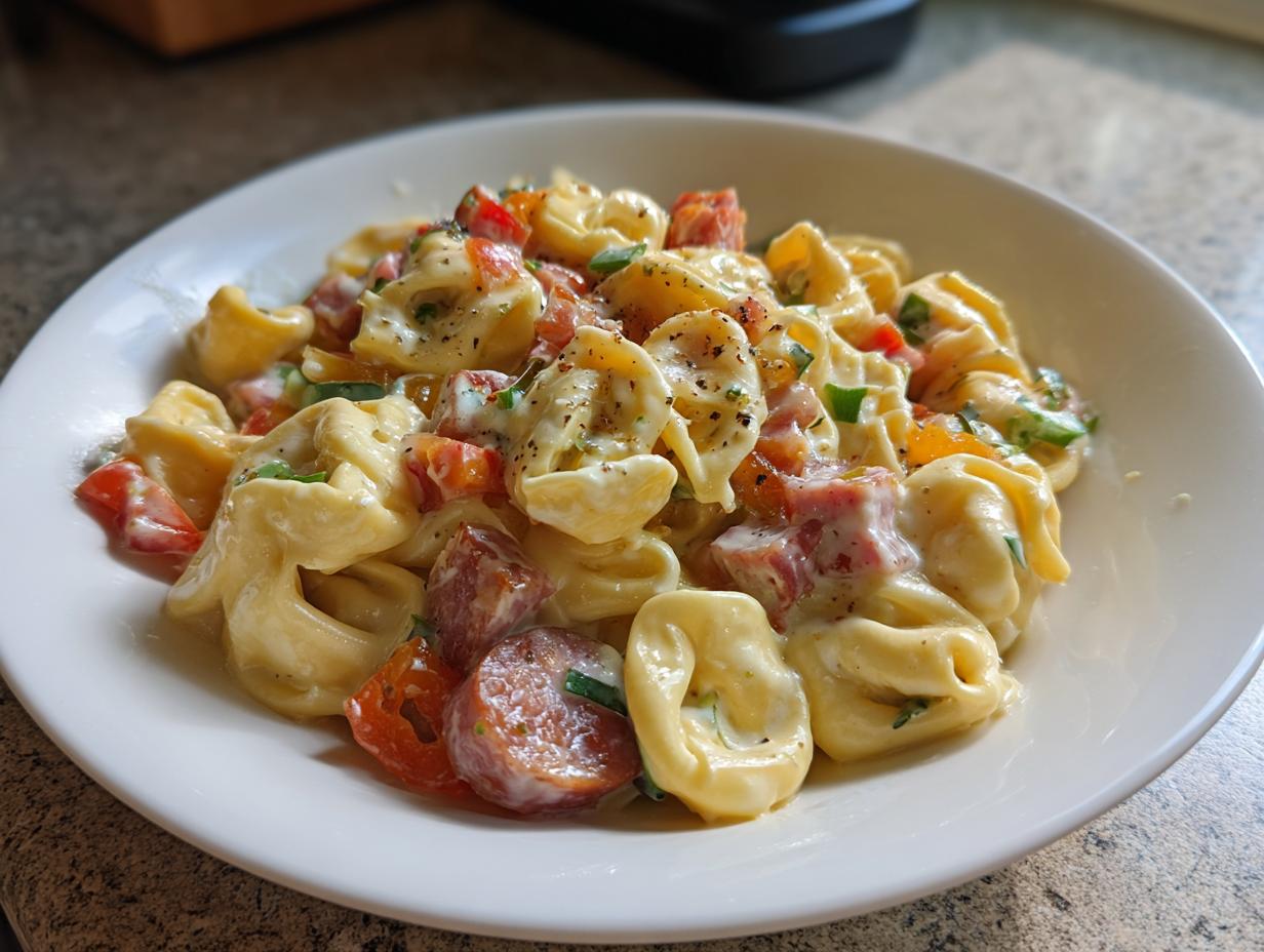 Close-up of a creamy Grinder Tortellini Salad featuring tortellini, salami, tomatoes, and black pepper in a white bowl.