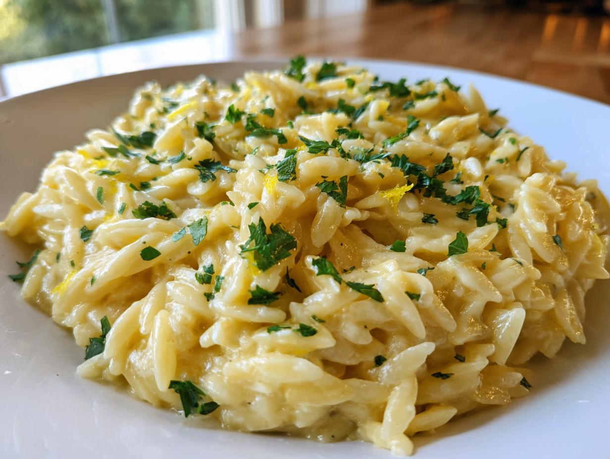 A close-up of a creamy lemon orzo pasta dish topped with chopped fresh parsley and zest.