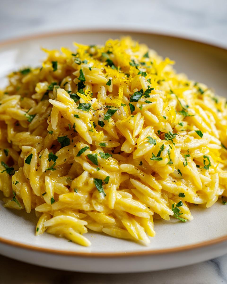 Close-up of creamy, cheesy orzo pasta topped with bright lemon zest and chopped parsley.