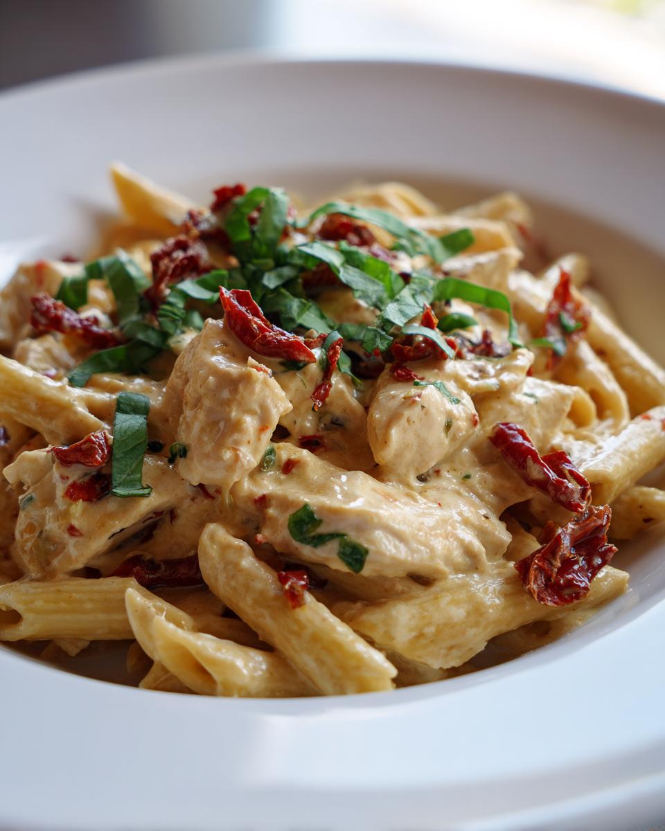 Close-up of creamy Marry Me Chicken Pasta featuring penne, chicken pieces, sun-dried tomatoes, and fresh basil.