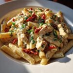 Close-up of creamy Marry Me Chicken Pasta featuring penne, chunks of chicken, sun-dried tomatoes, and fresh herbs.