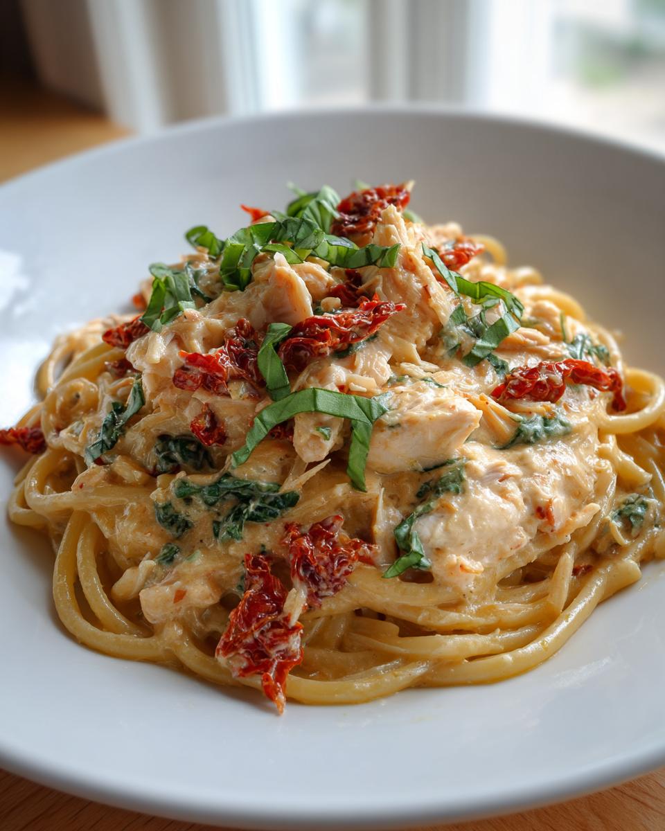 A close-up of creamy Marry Me Chicken Pasta featuring linguine, chicken chunks, sun-dried tomatoes, and fresh basil.