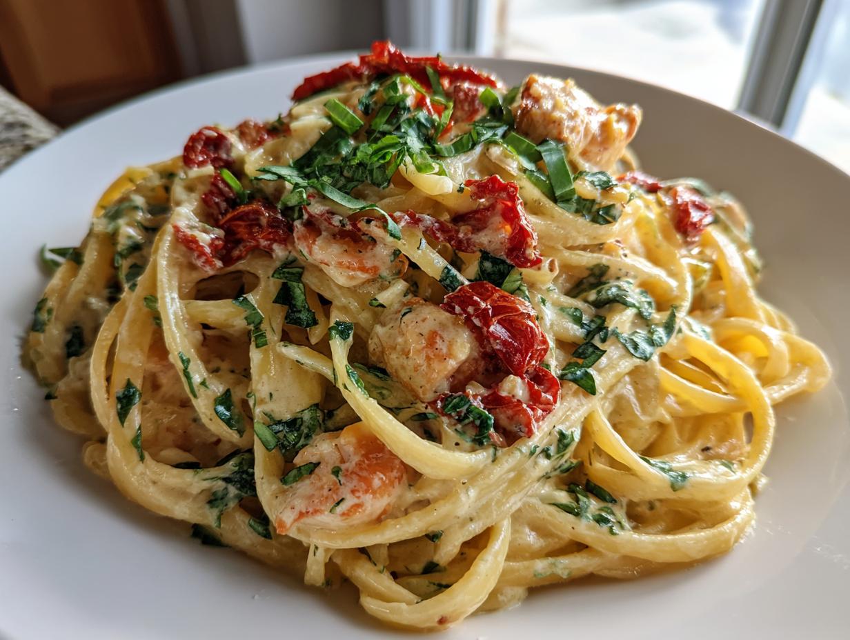 A close-up of creamy Marry Me Chicken Pasta tossed with sun-dried tomatoes and fresh herbs on a white plate.