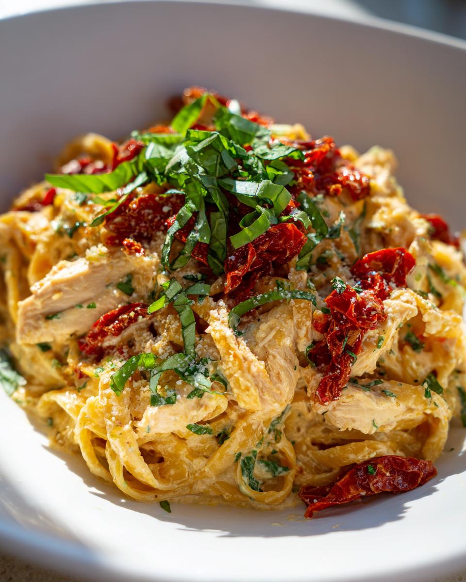 Close-up of a bowl of creamy Marry Me Chicken Pasta topped with sun-dried tomatoes and fresh basil.