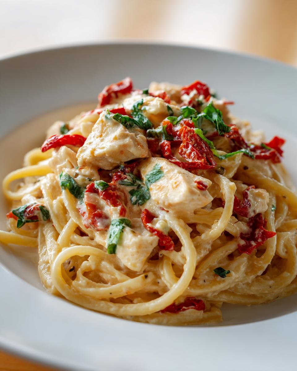 Close-up of a serving of Marry Me Chicken Pasta featuring linguine, creamy sauce, chicken pieces, and sun-dried tomatoes.