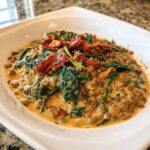 A close-up of creamy Marry Me Lentils mixed with wilted spinach and topped with sun-dried tomatoes in a white bowl.