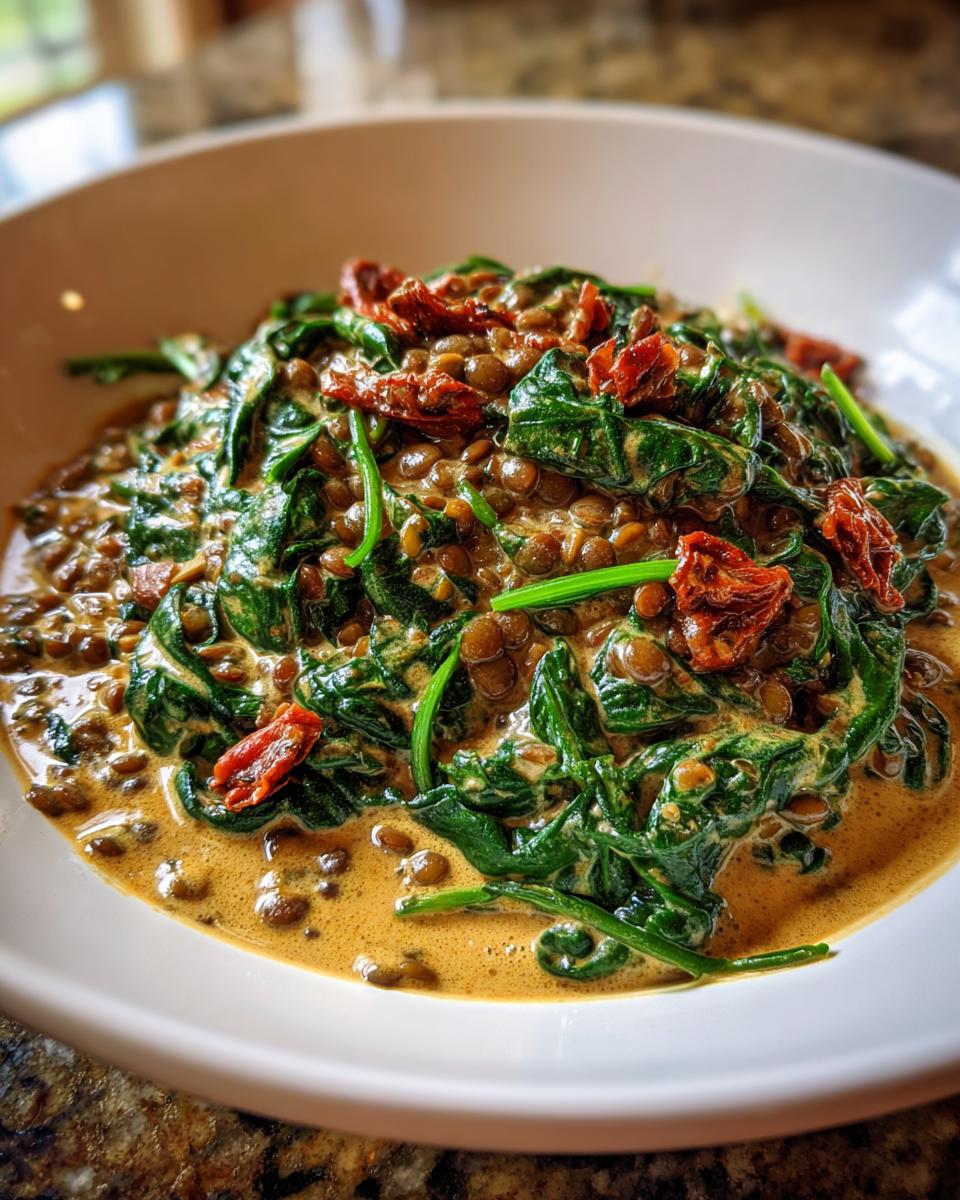 Close-up of creamy Marry Me Lentils mixed with wilted spinach and topped with sun-dried tomatoes in a white bowl.