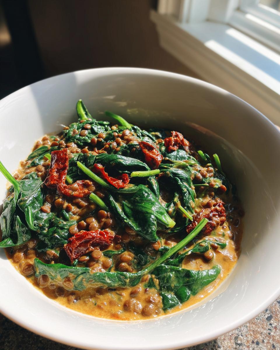 A close-up of creamy Marry Me Lentils mixed with wilted spinach and bright red sun-dried tomatoes in a white bowl.