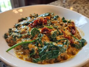 Close-up of a bowl of creamy Marry Me Lentils mixed with wilted spinach and sun-dried tomatoes.