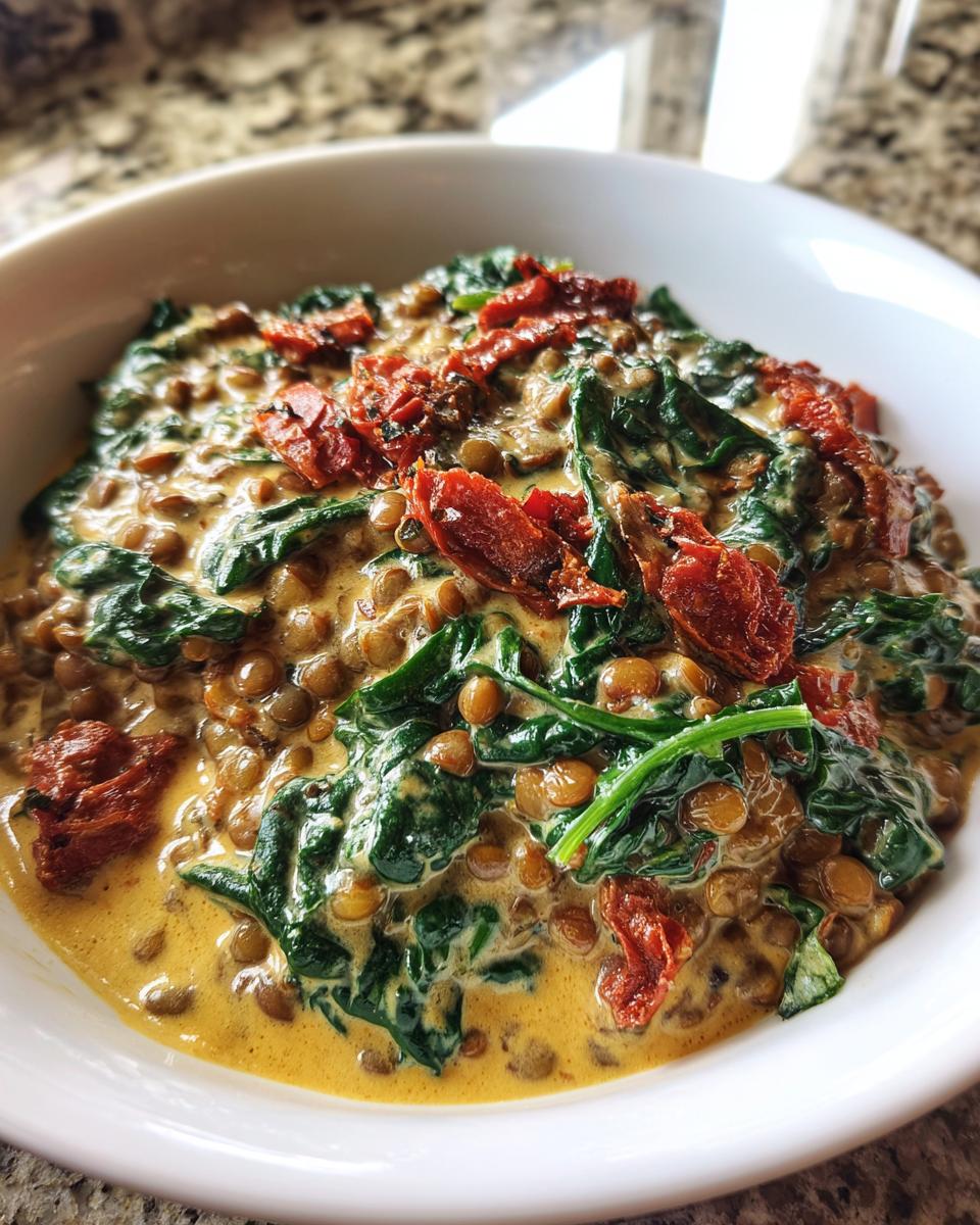 Close-up of creamy Marry Me Lentils mixed with wilted spinach and topped with sun-dried tomatoes in a white bowl.